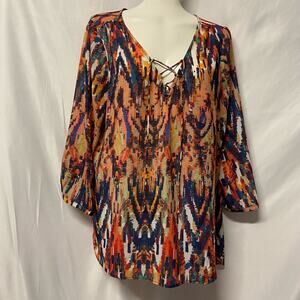 ANA A New Approach Top Blouse Orange Multicolor M Tie Front